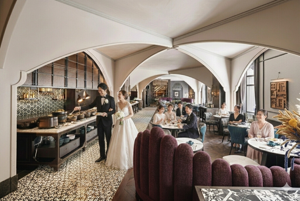 レストランのブッフェコーナーで楽しそうに料理を選ぶ新郎新婦と、周囲のテーブルで食事を楽しむ参列者たちの様子